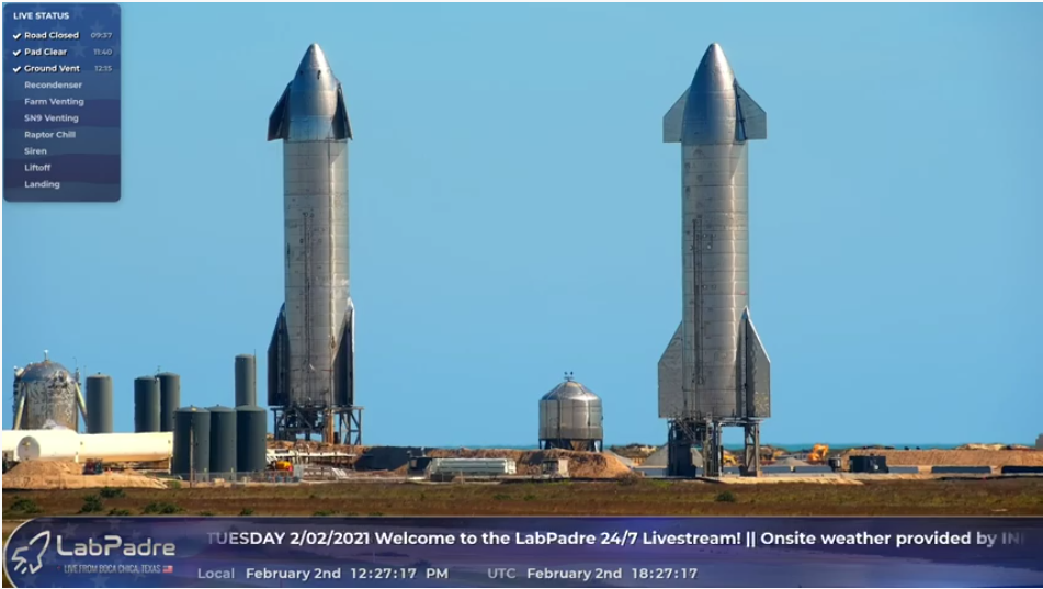 SpaceX Starship SN9 in preparation for launch with its fins extended.  Also picture are Starship SN10, Test Article SN7.2, and Starship Hopper.