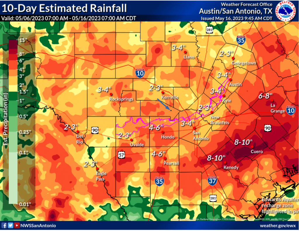 Ten Day Radar Rainfall estimate at 7 AM, May 16th, 2023